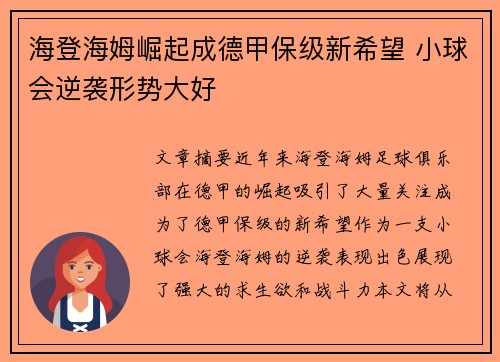 海登海姆崛起成德甲保级新希望 小球会逆袭形势大好 海登海姆崛起成德甲保级新希望 小球会逆袭形势大好
