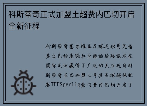 科斯蒂奇正式加盟土超费内巴切开启全新征程 科斯蒂奇正式加盟土超费内巴切开启全新征程